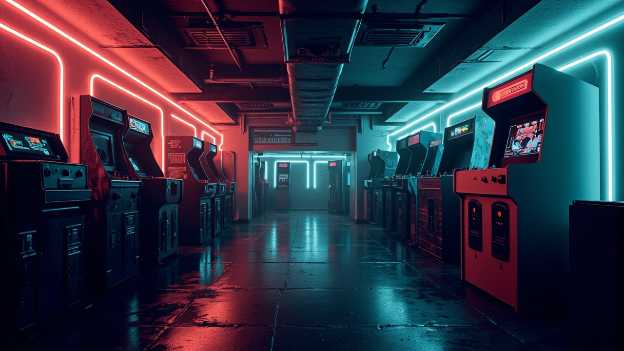 Illustration of a neon-lit retro arcade interior