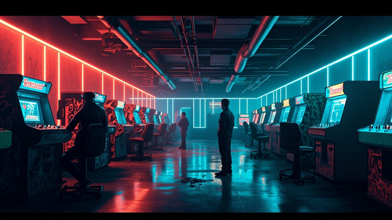 Illustration of a neon-lit retro arcade interior