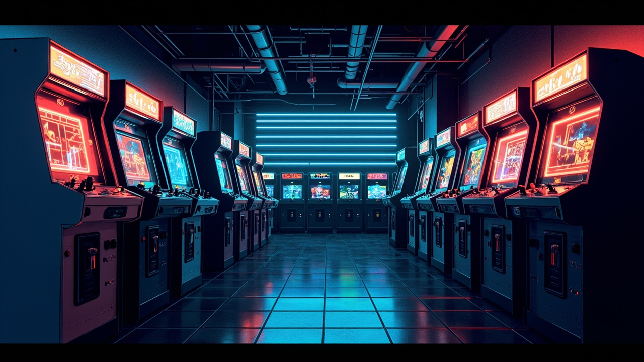 Illustration of a neon-lit retro arcade interior