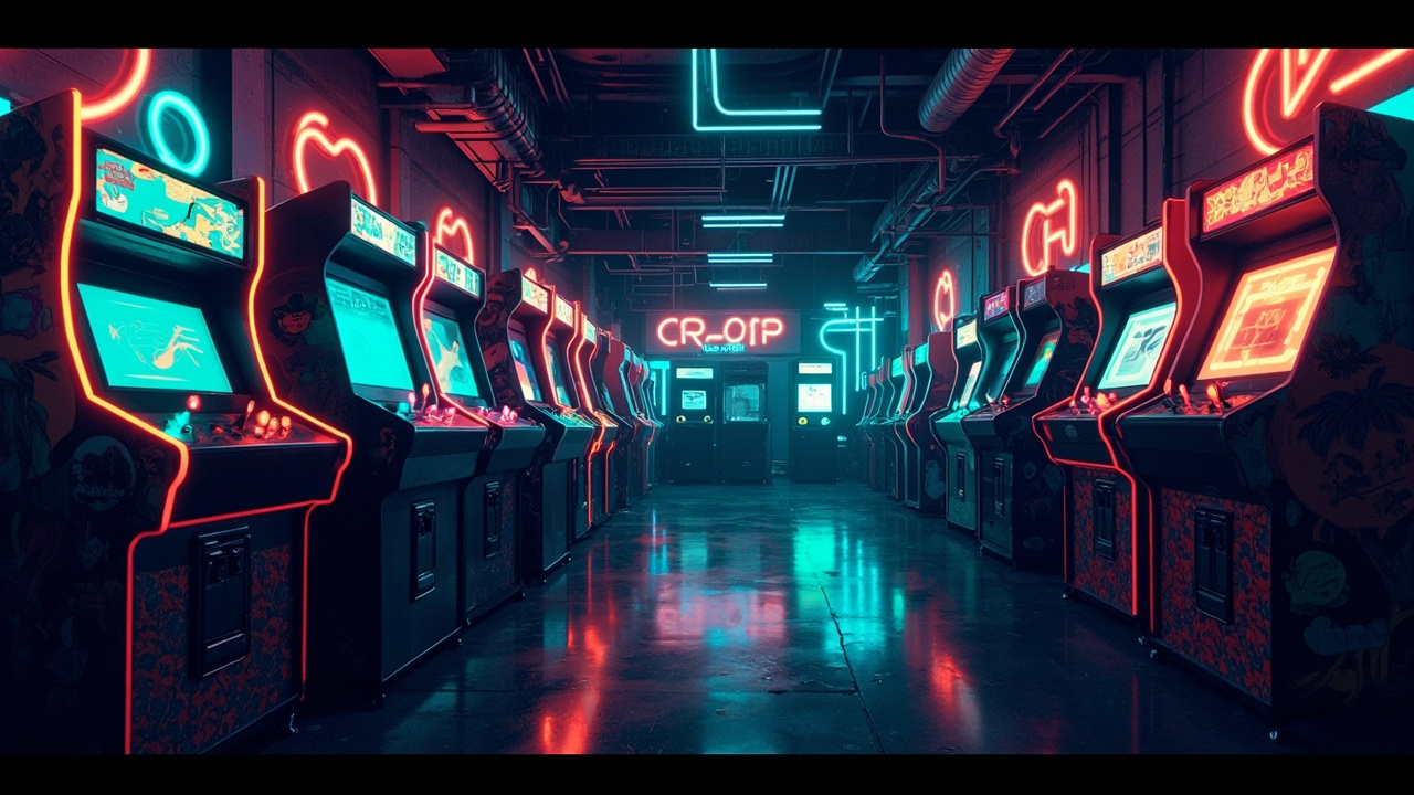 Illustration of a neon-lit retro arcade interior