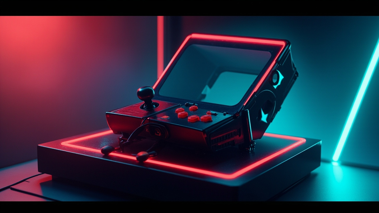 Illustration of retro gaming hardware in synthwave style