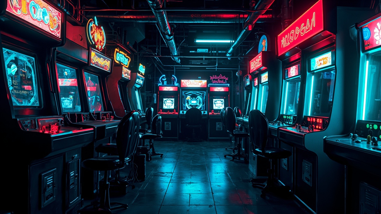 Illustration of a neon-lit retro arcade interior