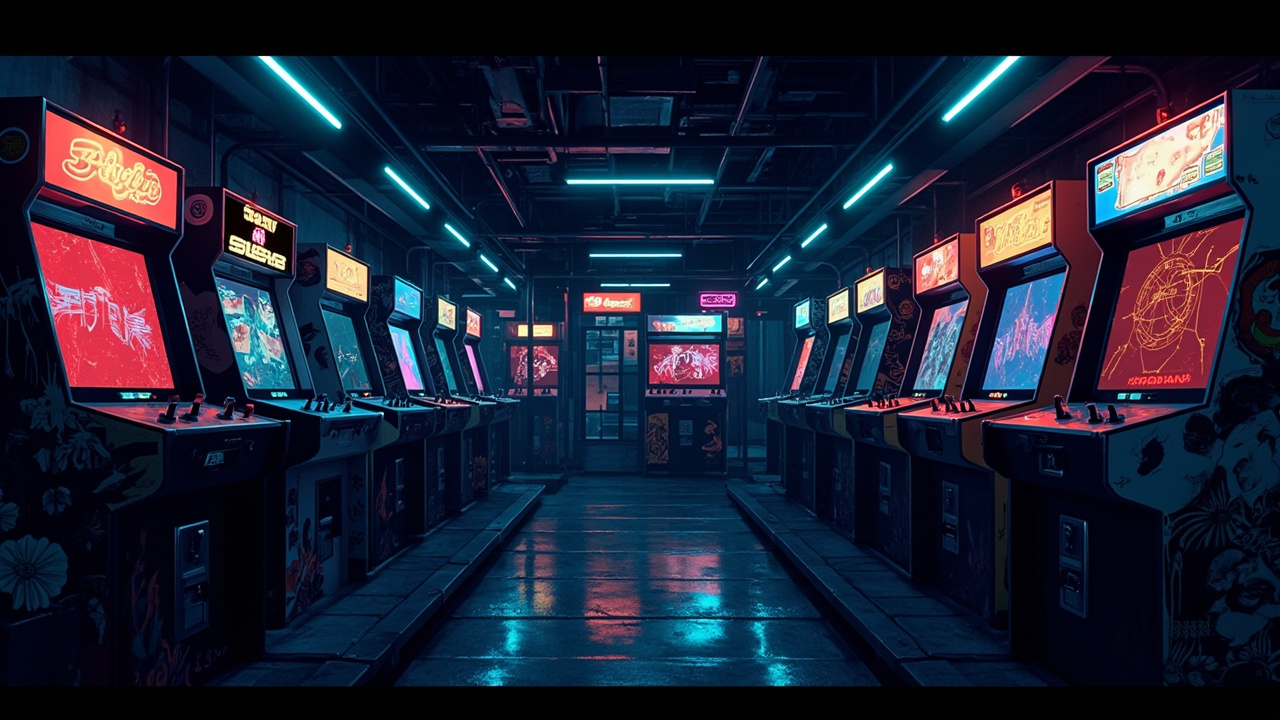 Illustration of a neon-lit retro arcade interior