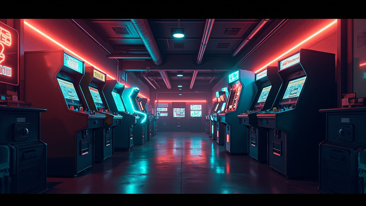Illustration of a neon-lit retro arcade interior