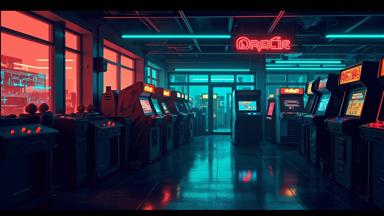 Illustration of a neon-lit retro arcade interior