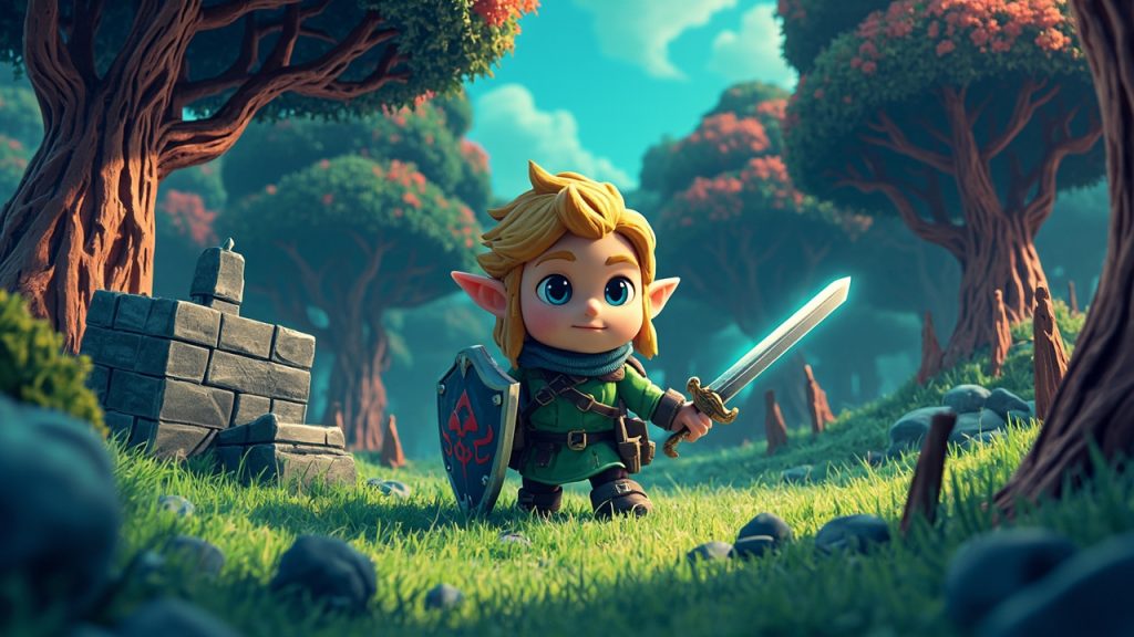 Illustration: A cartoon-style video game character with blonde hair, pointed ears, and a green tunic stands holding a shield and sword in a grassy, sunlit 3D environment featuring stylized trees, wooden posts, and stone structures.