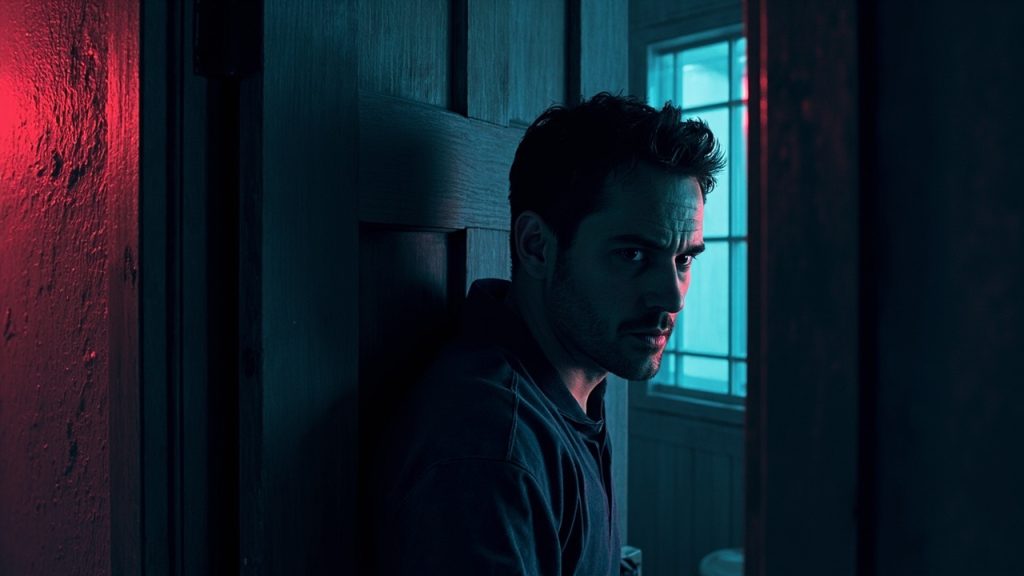 Illustration: A man peers cautiously around a wooden doorframe in a dimly lit hallway with a frosted window visible in the background.