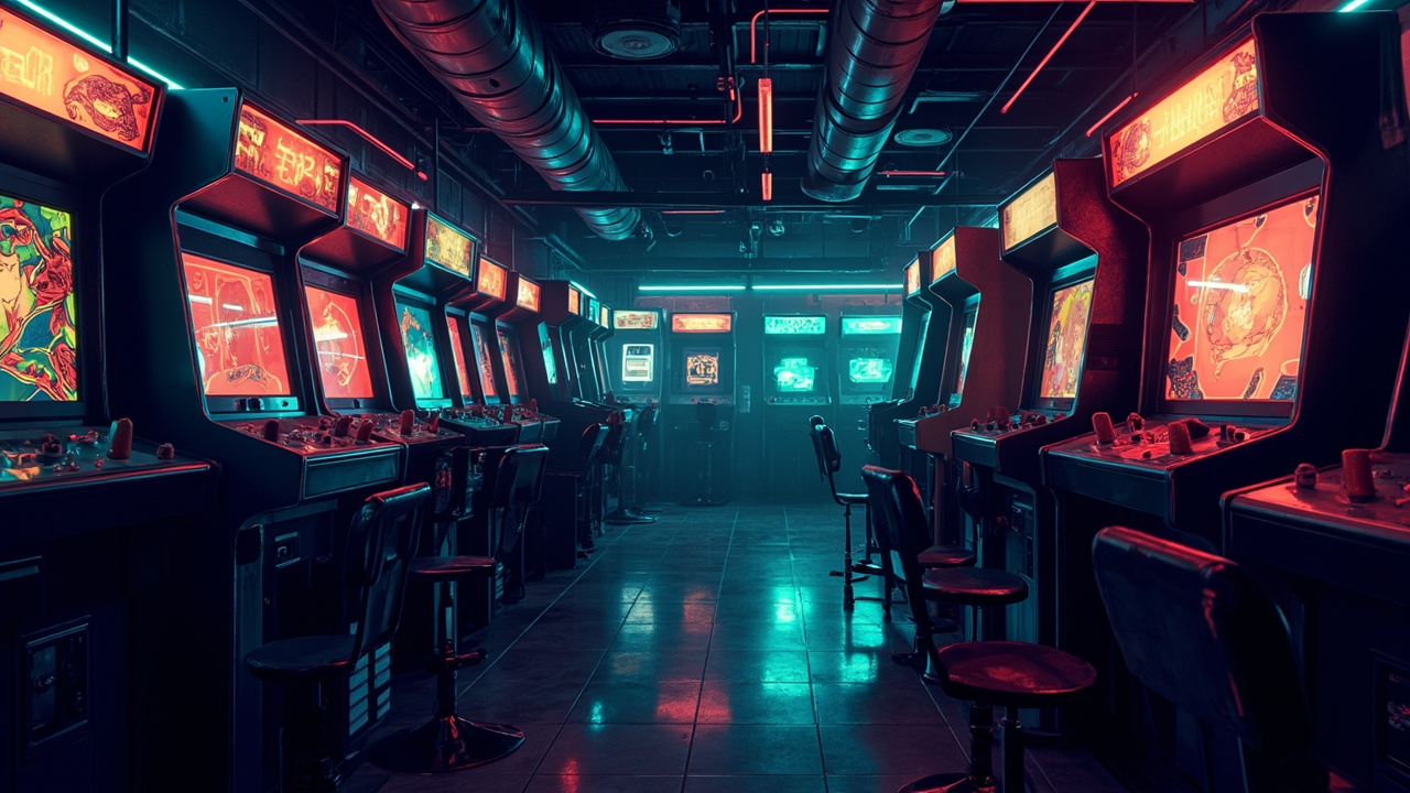 Illustration of a neon-lit retro arcade interior