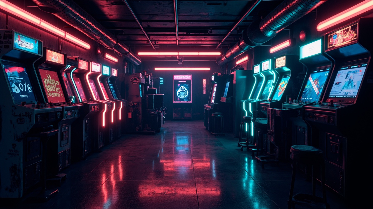 Illustration of a neon-lit retro arcade interior