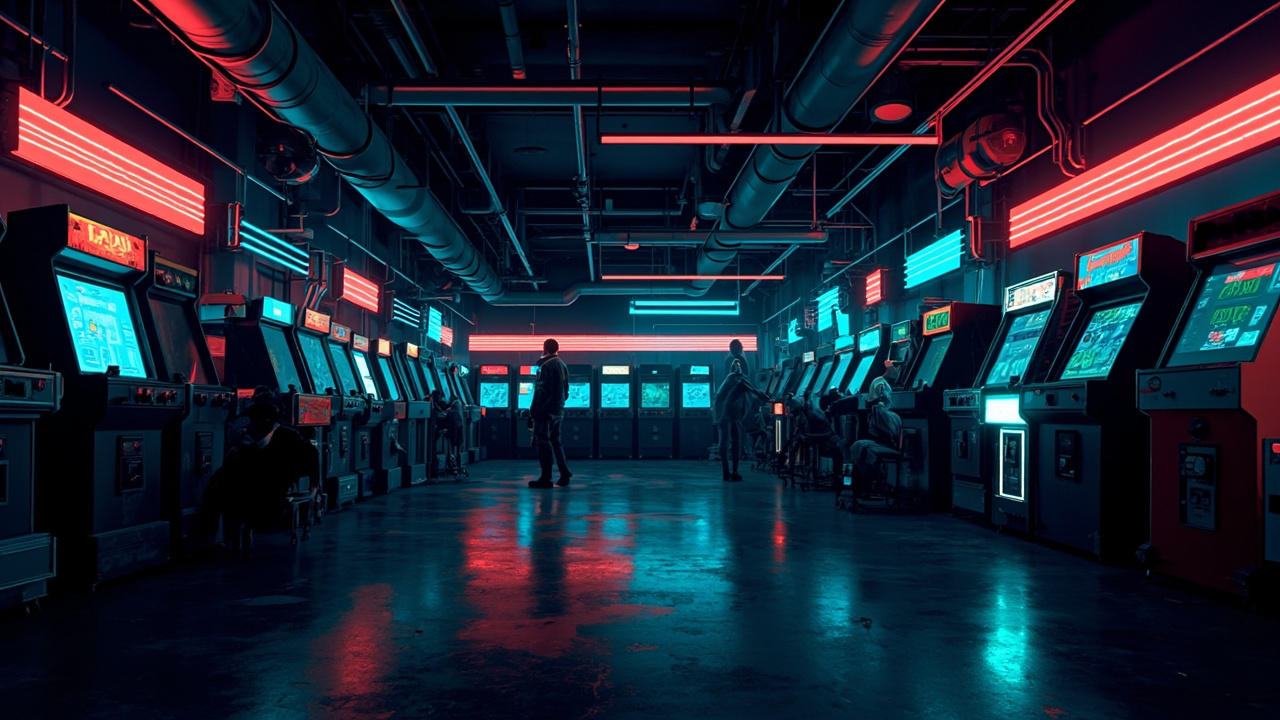 Illustration of a neon-lit retro arcade interior