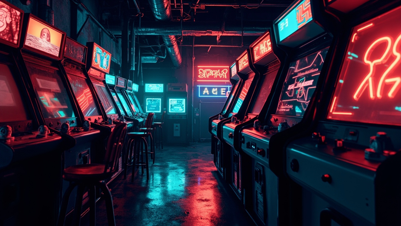 Illustration of a neon-lit retro arcade interior