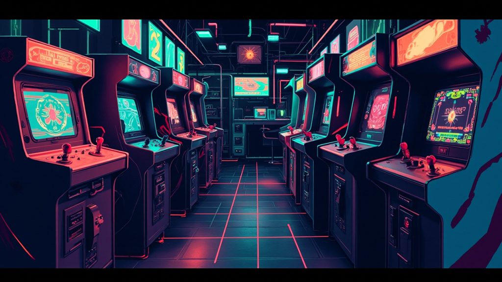Illustration: an editorial scene of retro arcade or gaming hardware evoking this news headline (machines and hardware only, no people, no readable text): "NI weekend: from retro arcade games to seeing stars, there’s plenty to plan for this week - Belfast Telegraph