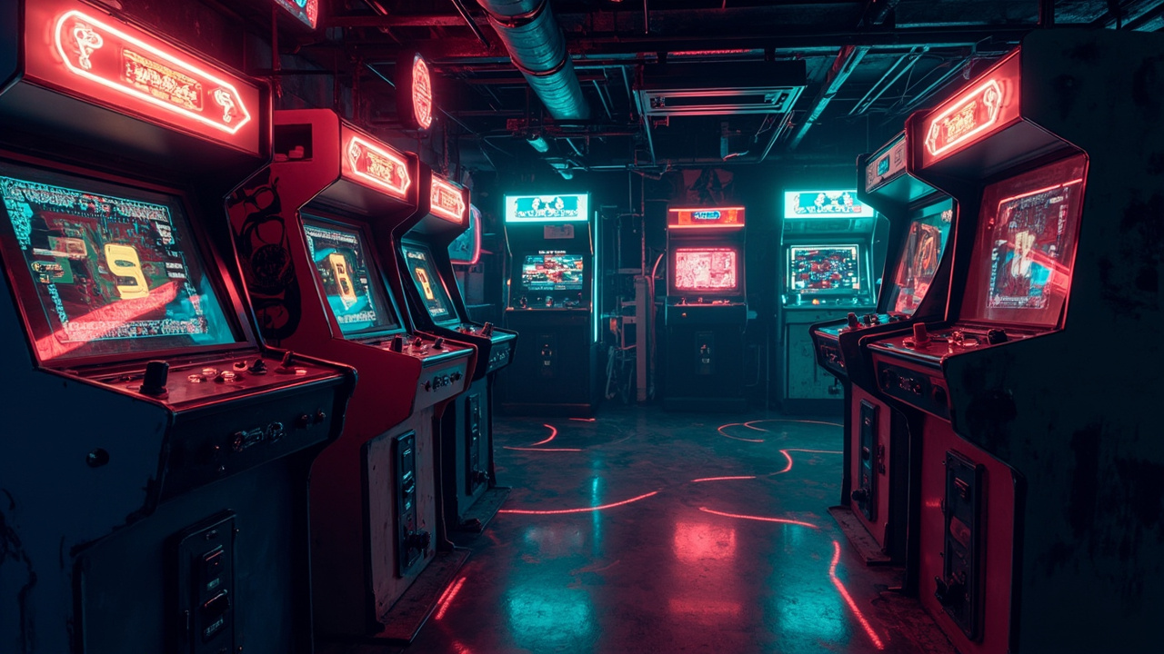 Illustration of a neon-lit retro arcade interior