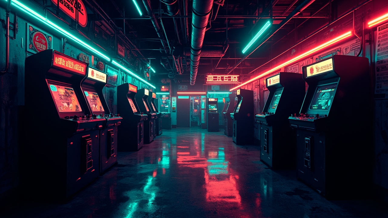 Illustration of a neon-lit retro arcade interior
