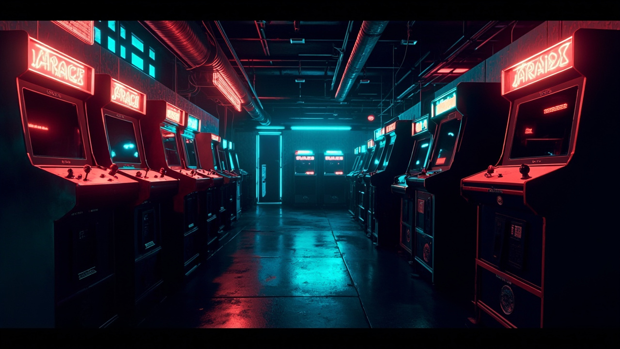 Illustration of a neon-lit retro arcade interior
