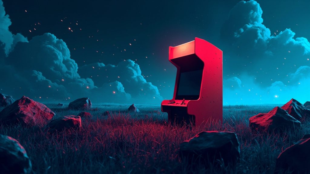 Illustration: A red plastic game case stands upright in a grassy field with scattered rocks and a cloudy sky in the background.