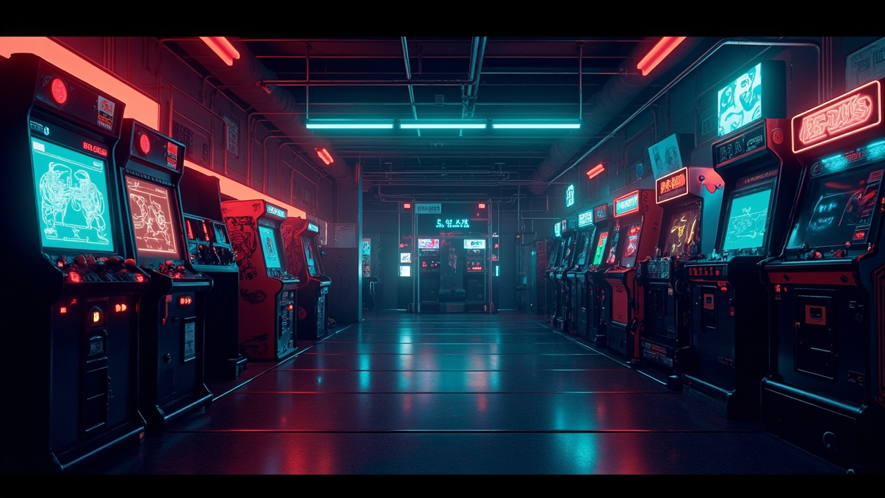 Illustration of a neon-lit retro arcade interior