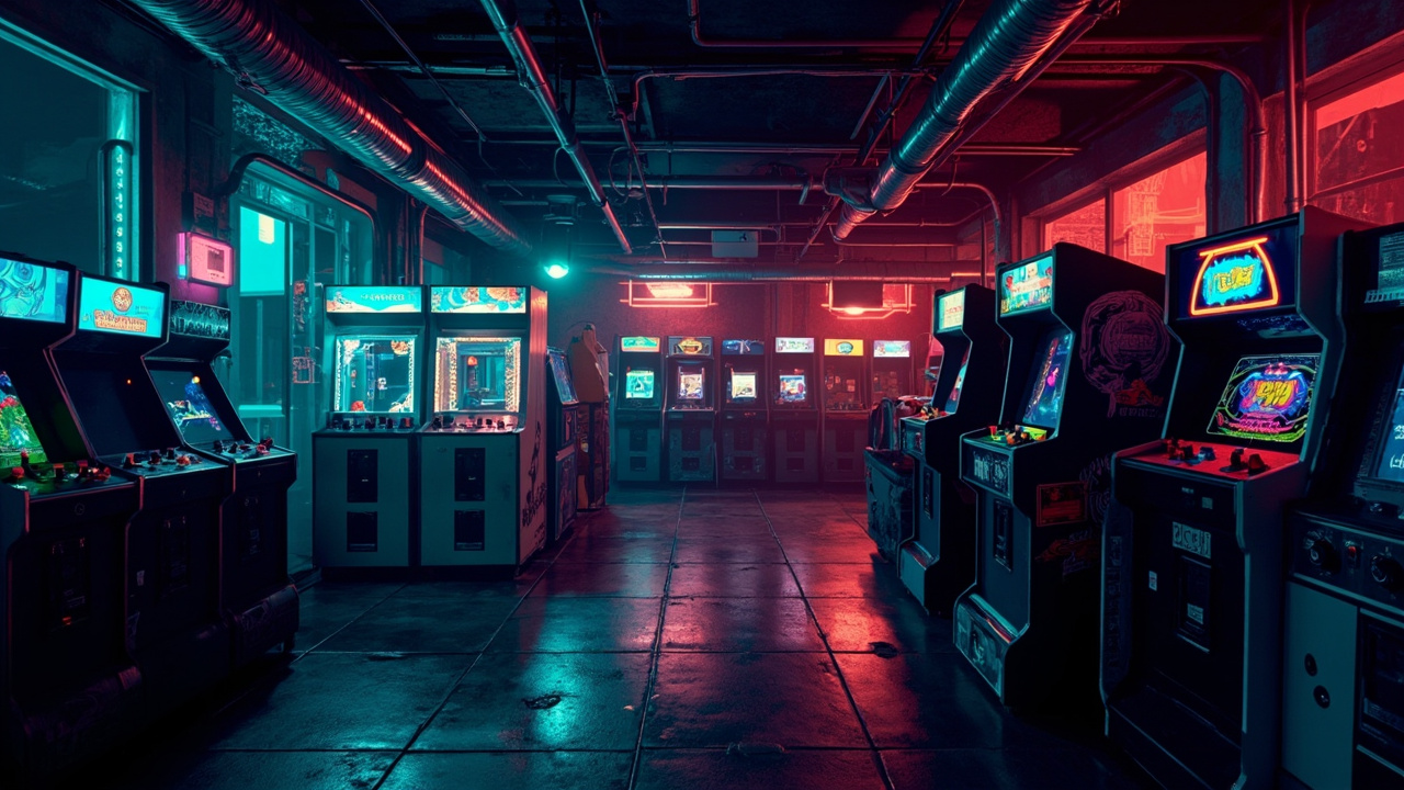 Illustration of a neon-lit retro arcade interior