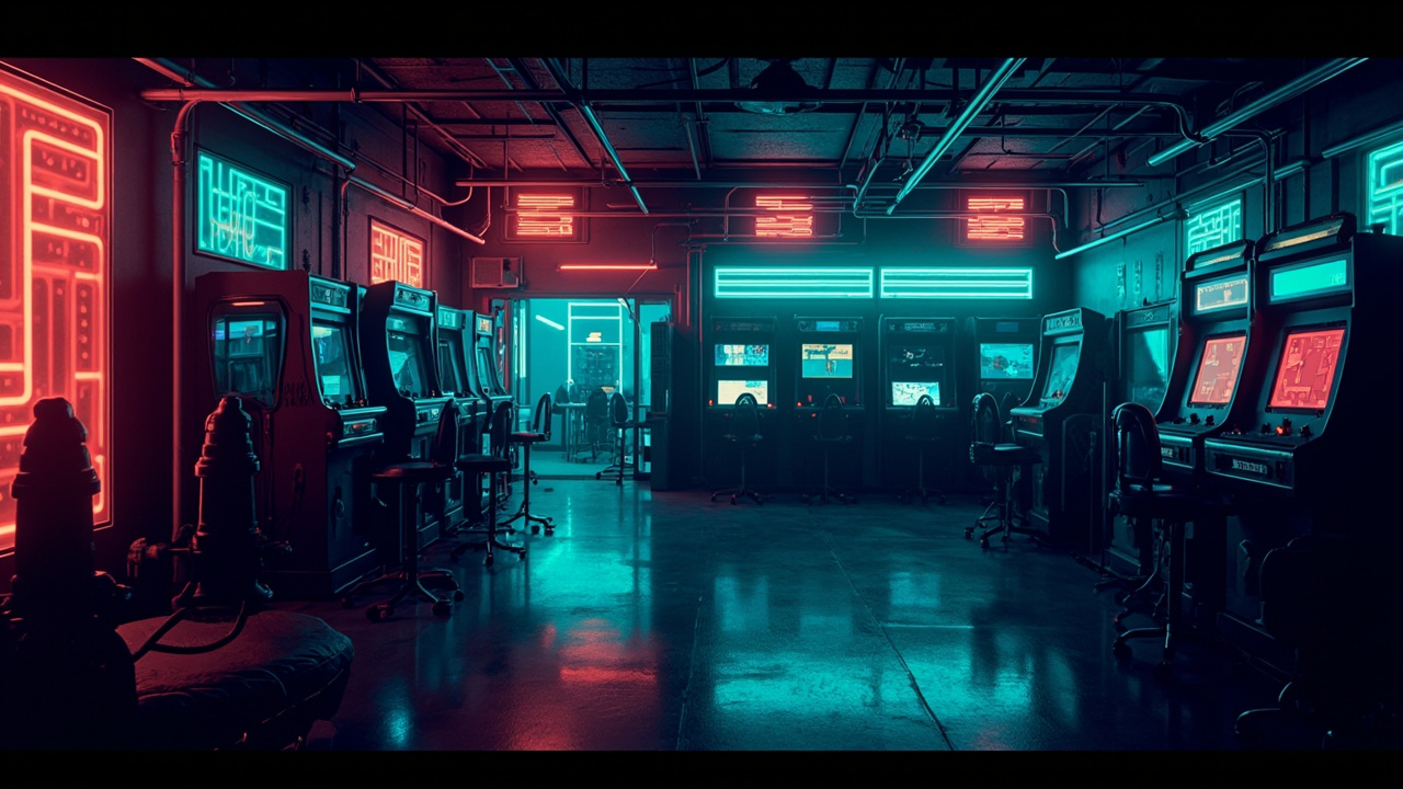 Illustration of a neon-lit retro arcade interior