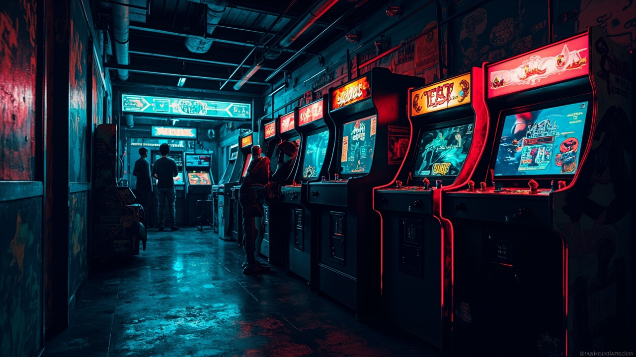 Illustration of a neon-lit retro arcade interior