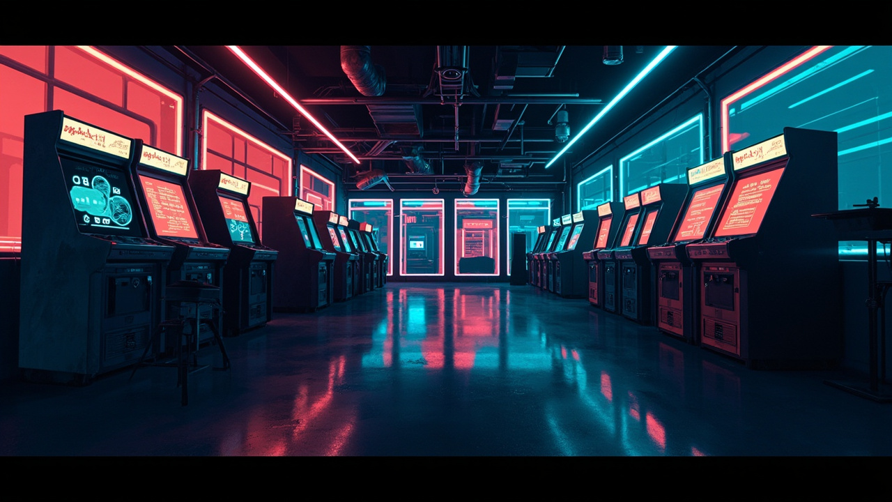 Illustration of a neon-lit retro arcade interior