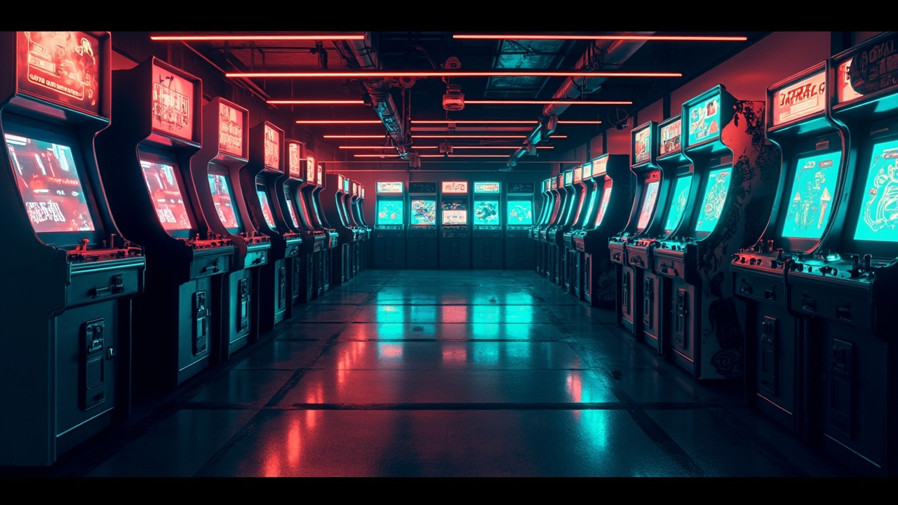 Illustration of a neon-lit retro arcade interior