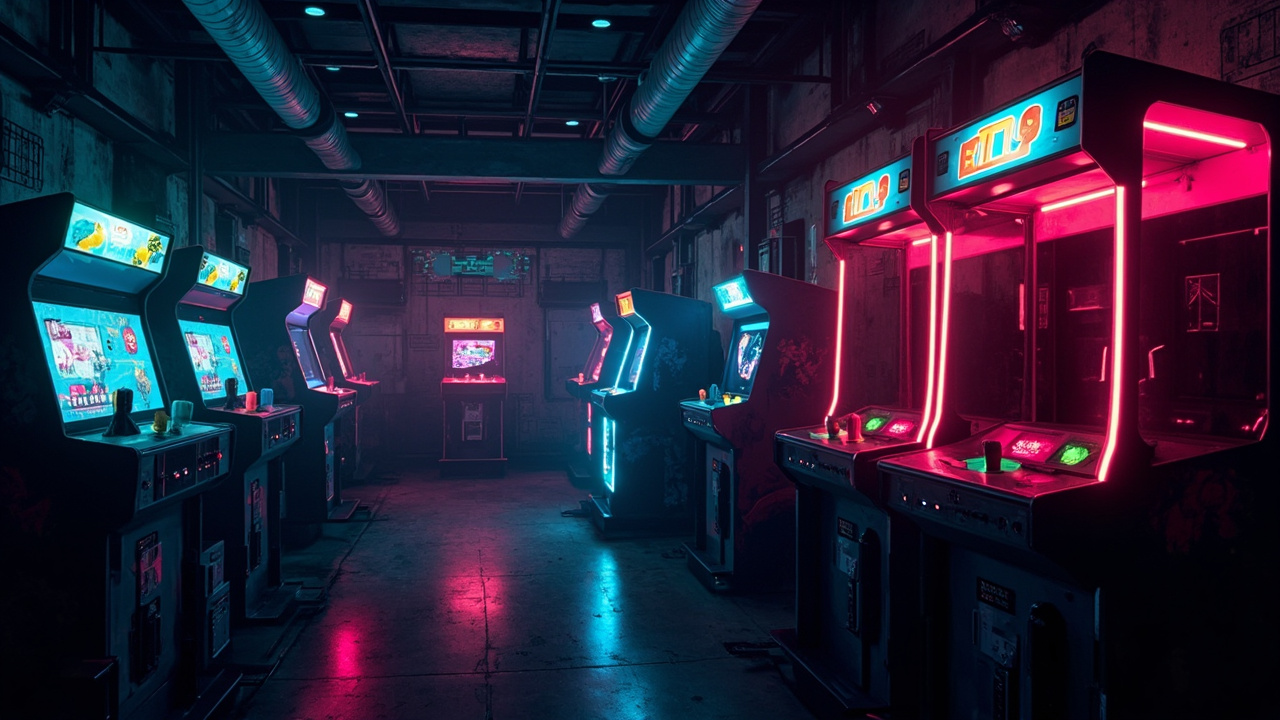 Illustration of a neon-lit retro arcade interior