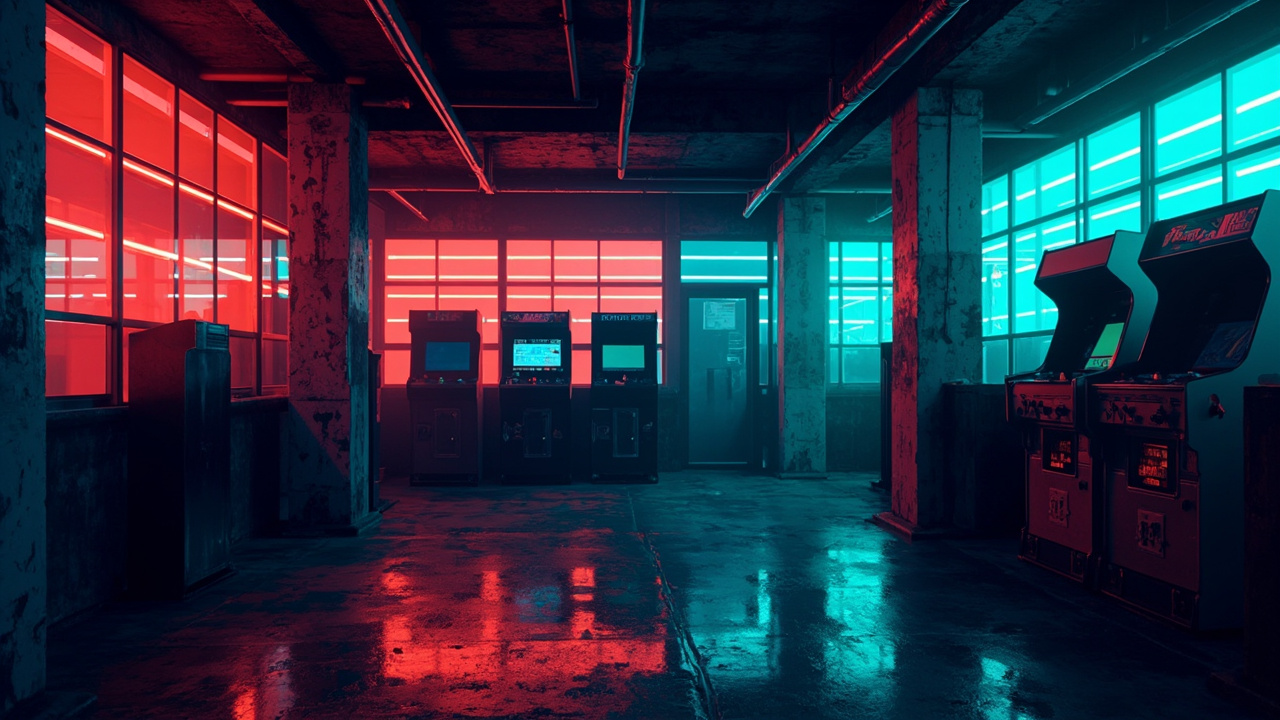 Illustration of a neon-lit retro arcade interior