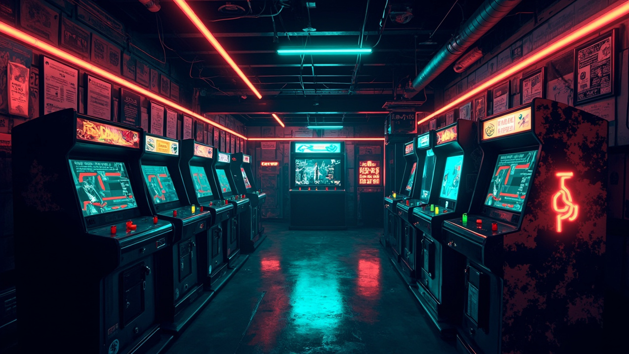 Illustration of a neon-lit retro arcade interior