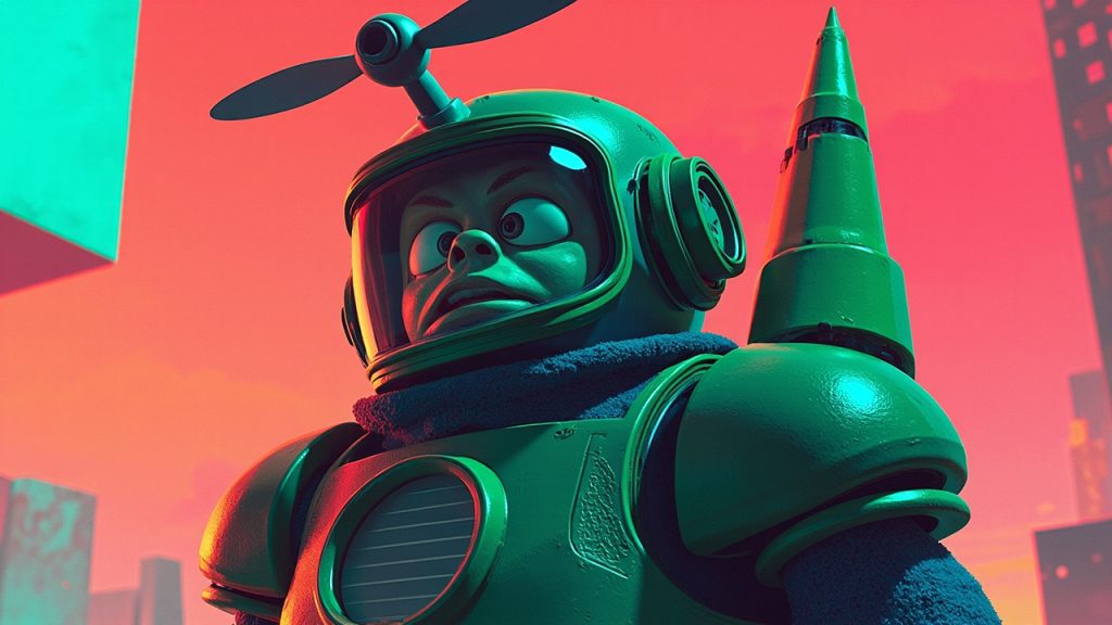 Illustration: A green, cylindrical character with a propeller on its head, a surprised facial expression, and a large green horn-like protrusion on one side, standing against a bright, pastel-colored geometric background.
