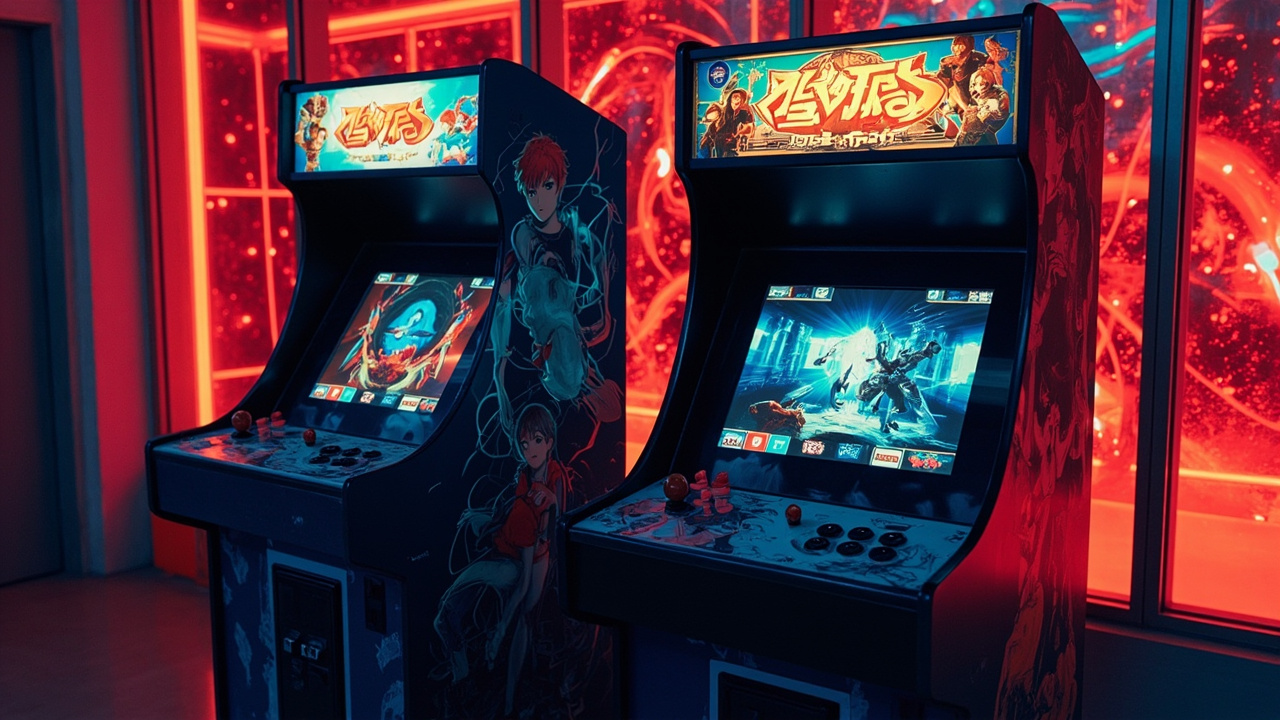 Illustration: Two coin-operated arcade gaming cabinets stand side by side, each decorated with colorful anime-style artwork and dramatic character illustrations set against vibrant red, blue, and orange backgrounds.