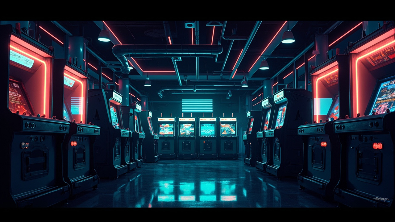Illustration of a neon-lit retro arcade interior