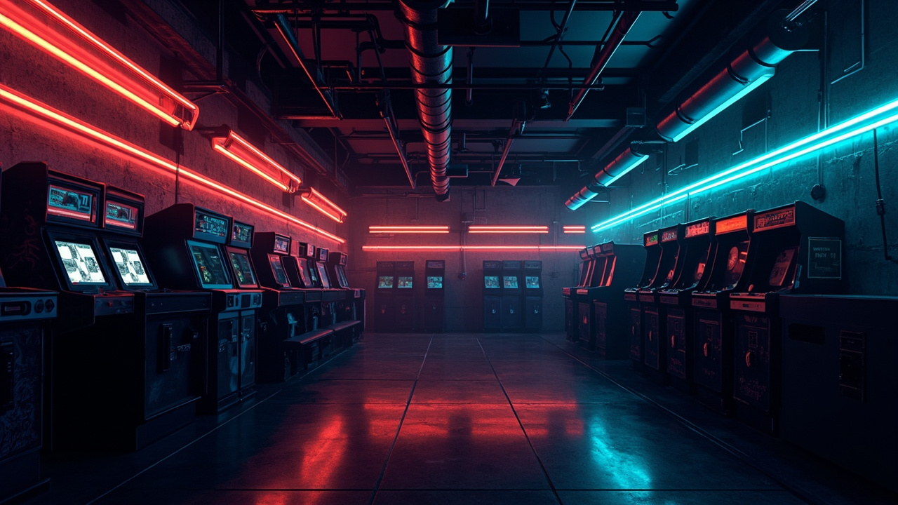 Illustration of a neon-lit retro arcade interior