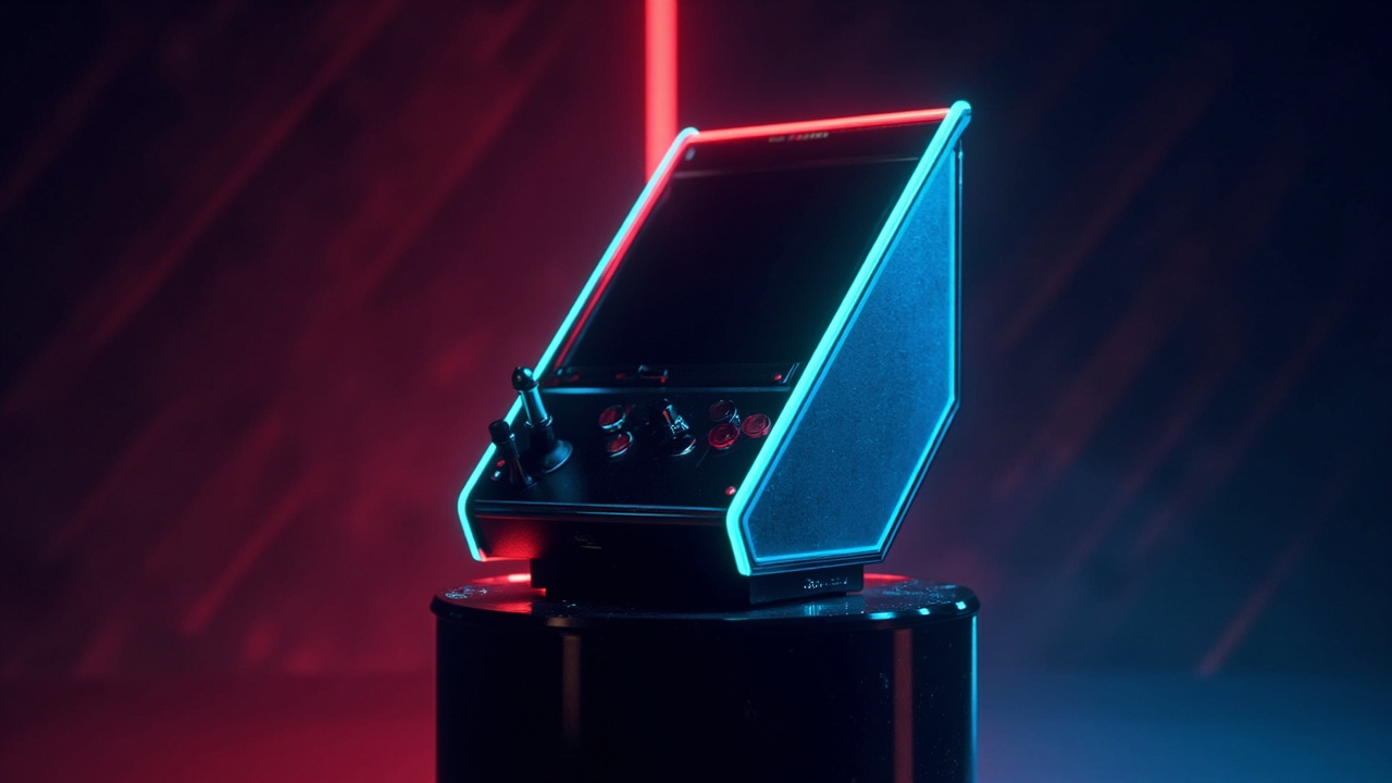Illustration of retro gaming hardware in synthwave style
