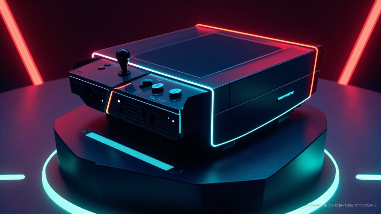 Illustration of retro gaming hardware in synthwave style