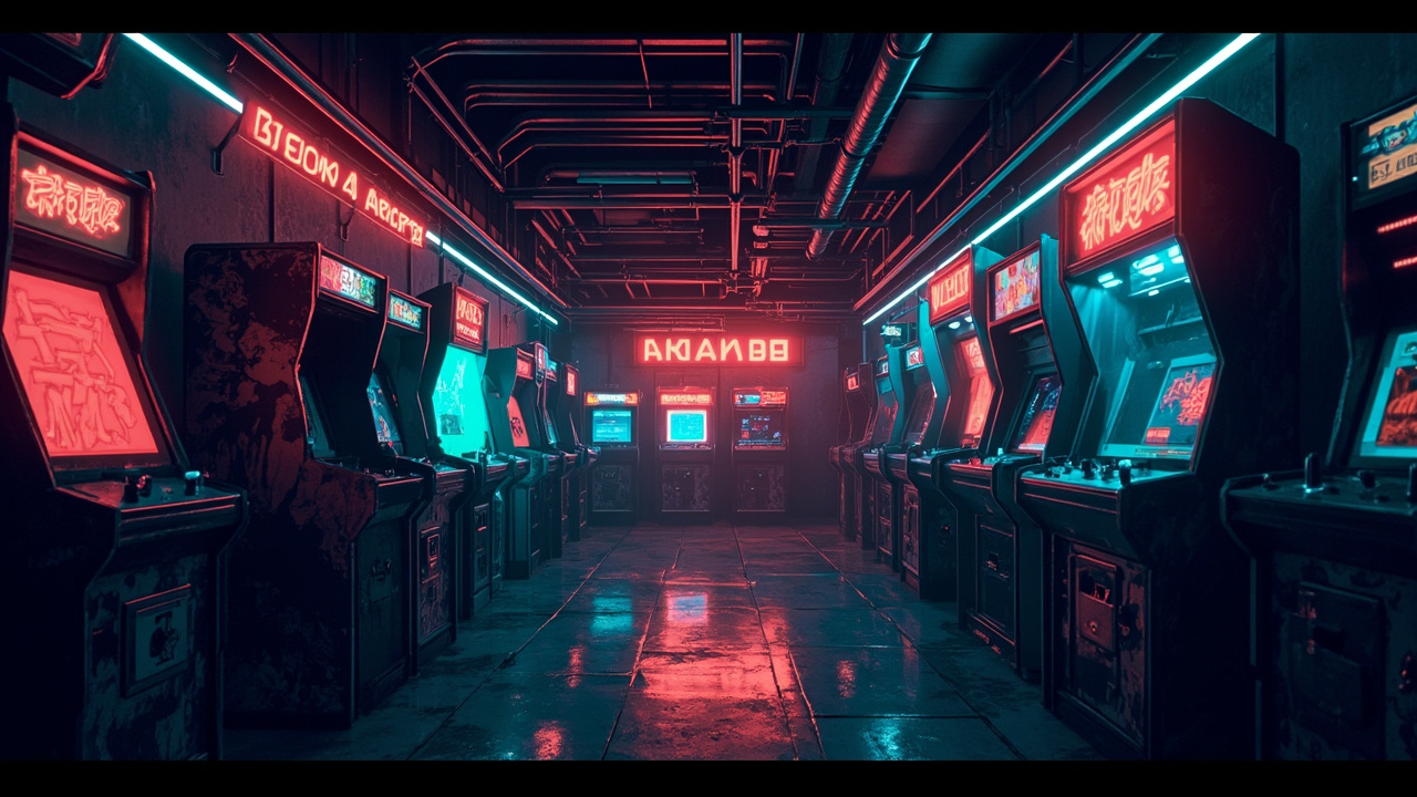 Illustration of a neon-lit retro arcade interior