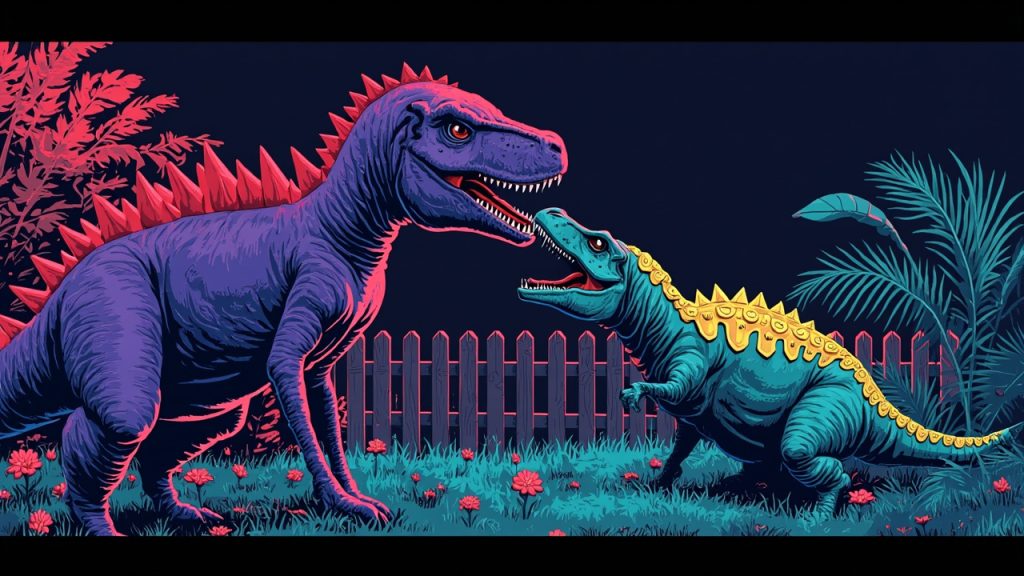 Illustration: A large purple dinosaur with red spikes stands next to a teal dinosaur with yellow plates on its back that is having its mouth examined in a grassy area with flowers and a wooden fence.