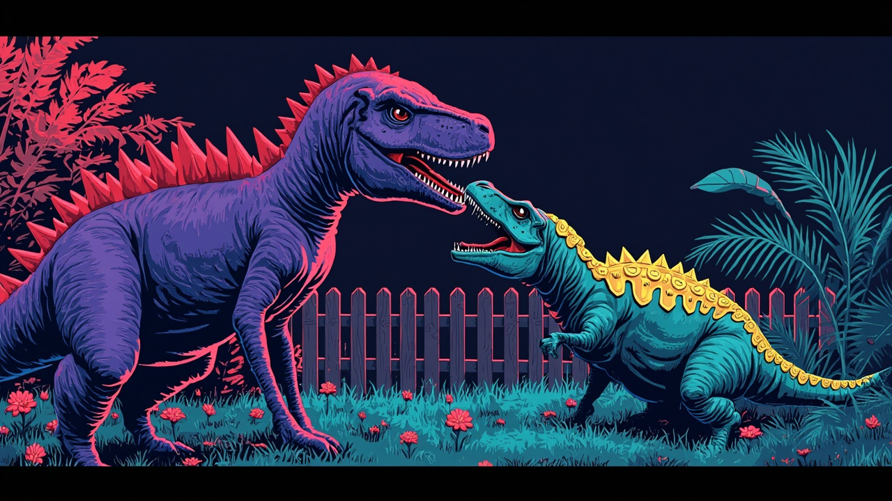 Illustration: A large purple dinosaur with red spikes stands next to a teal dinosaur with yellow plates on its back that is having its mouth examined in a grassy area with flowers and a wooden fence.