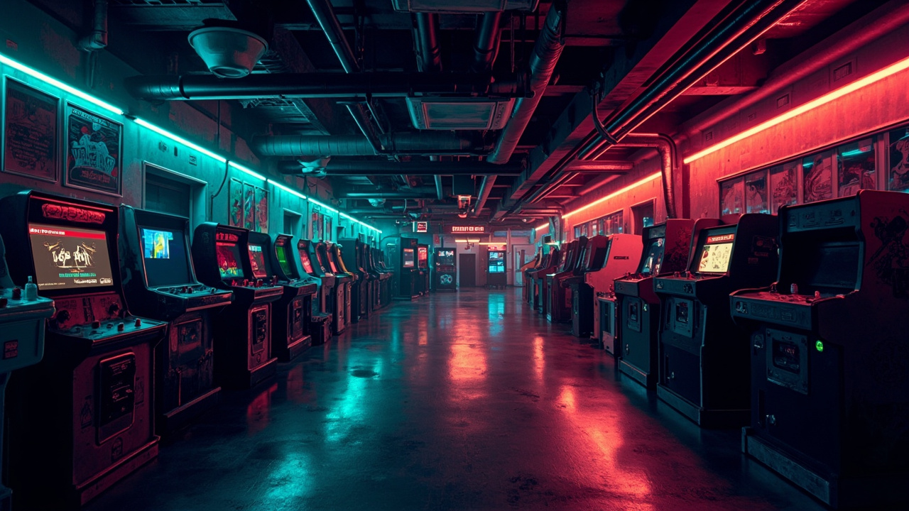 Illustration of a neon-lit retro arcade interior