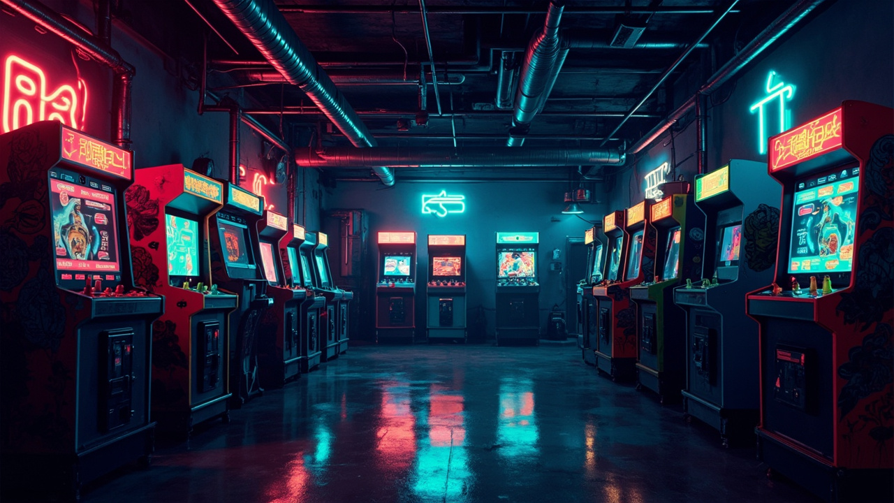 Illustration of a neon-lit retro arcade interior