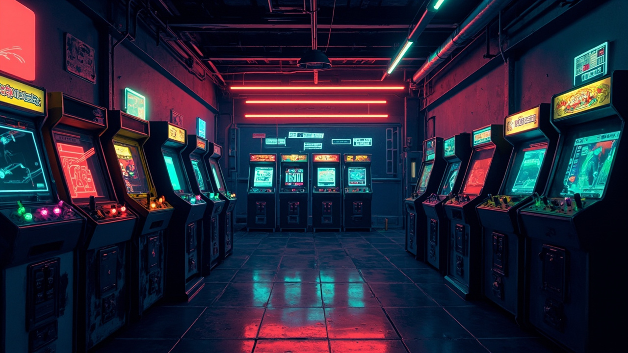 Illustration of a neon-lit retro arcade interior
