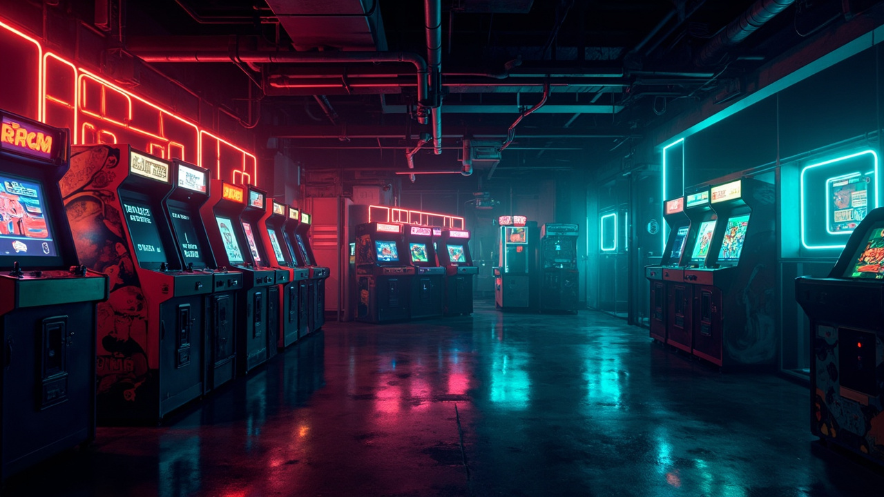 Illustration of a neon-lit retro arcade interior