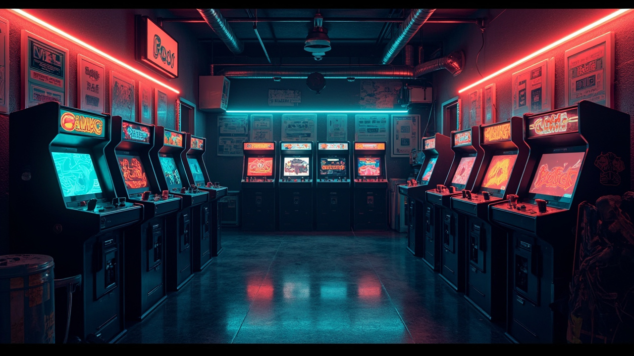 Illustration of a neon-lit retro arcade interior