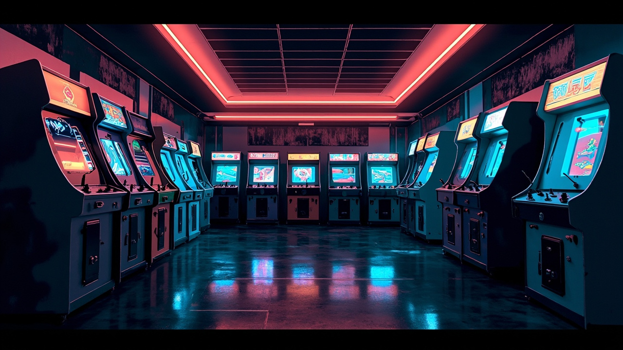 Illustration of a neon-lit retro arcade interior