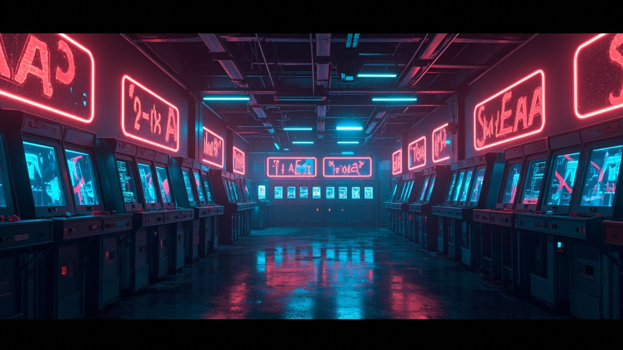 Illustration of a neon-lit retro arcade interior