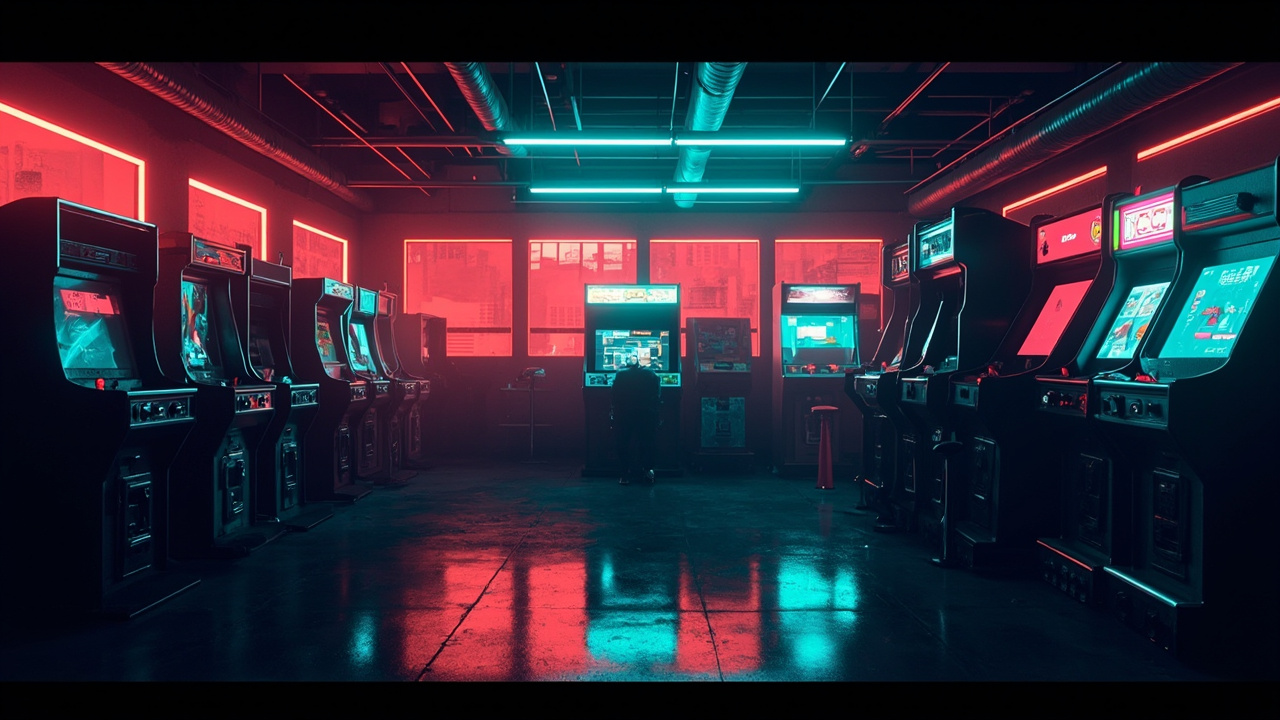 Illustration of a neon-lit retro arcade interior