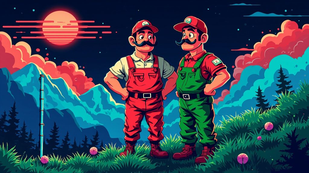 Illustration: A vibrant cartoon illustration depicting two mustachioed plumbers in red and green overalls standing on a grassy hillside with blue mountains and a pipe in the background.