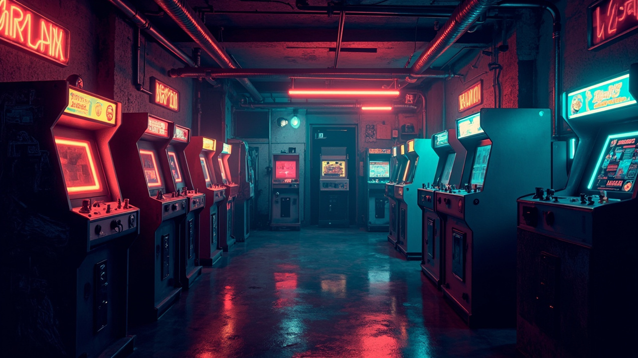 Illustration of a neon-lit retro arcade interior