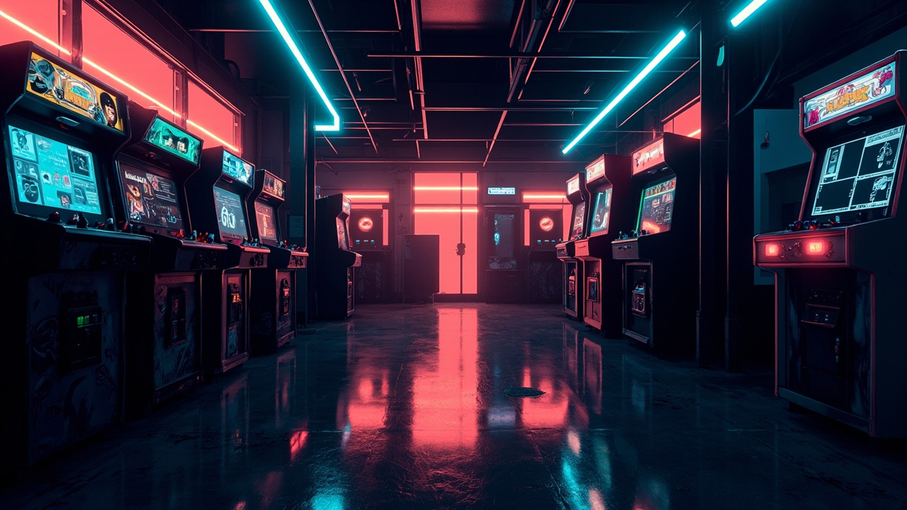 Illustration of a neon-lit retro arcade interior