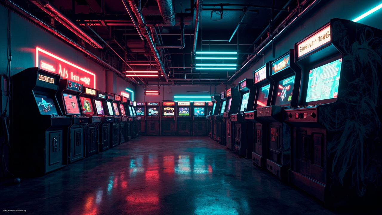 Illustration of a neon-lit retro arcade interior